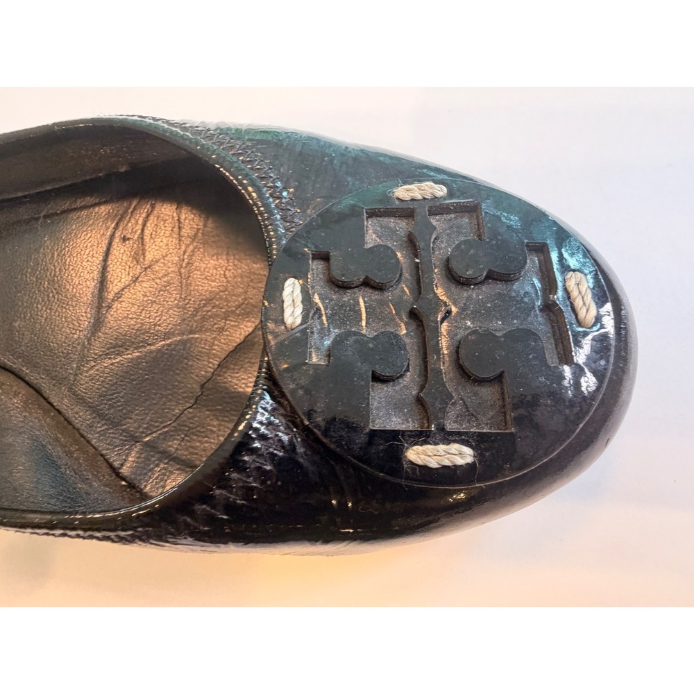 Tory Burch Reva Black Patent Leather Ballet Flats Scrunch Back Size 9 - Picture 6 of 7